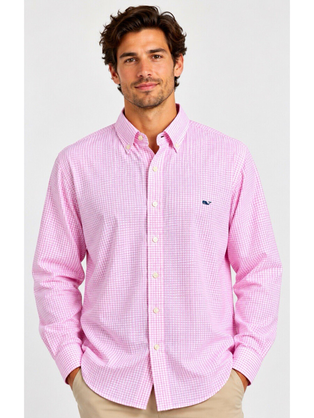 Vineyard Vines Men’s XL Pink/White Check Whale Embroidered Button-Down Shirt